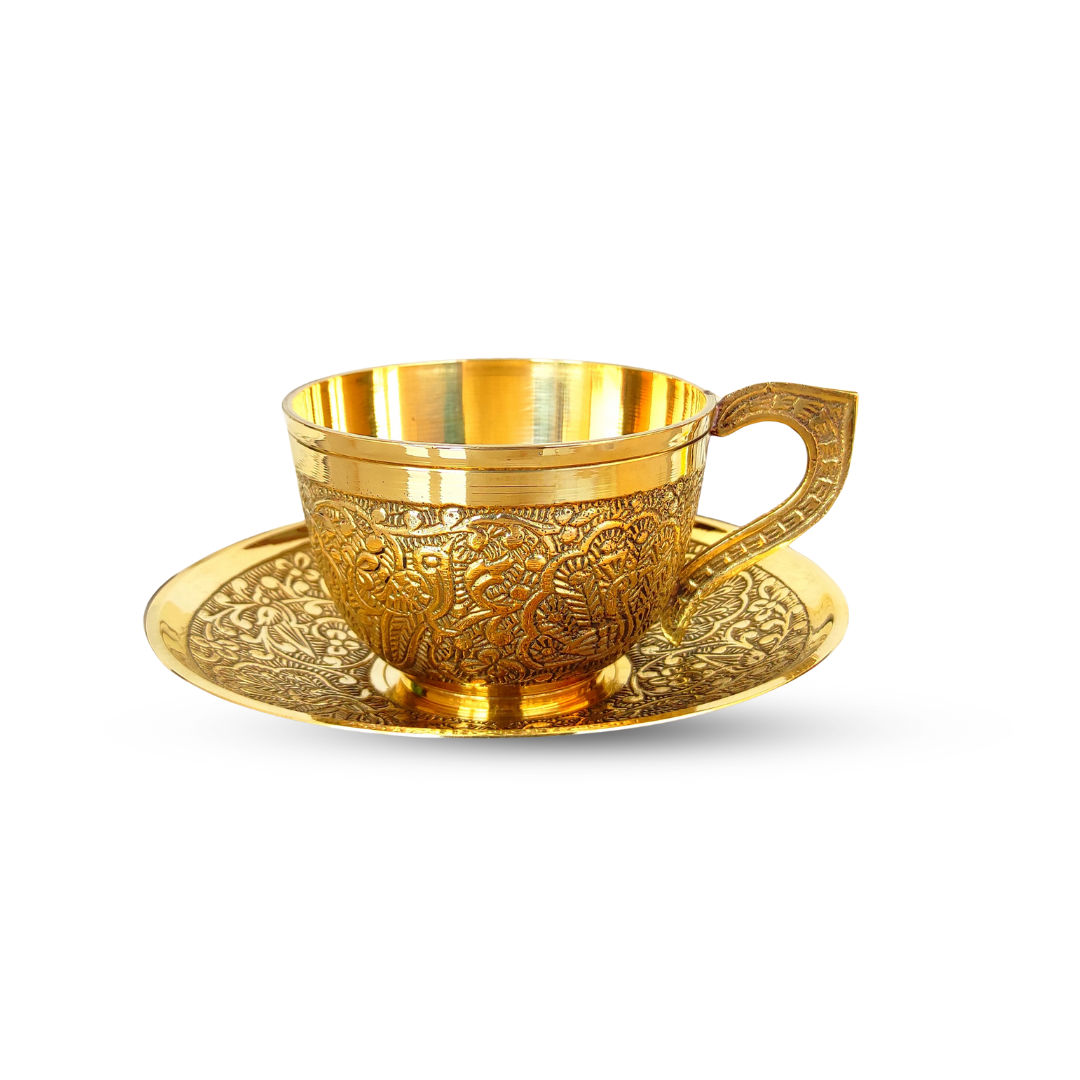 Pure Brass Embossed Design Cup & Saucer- 150 ML